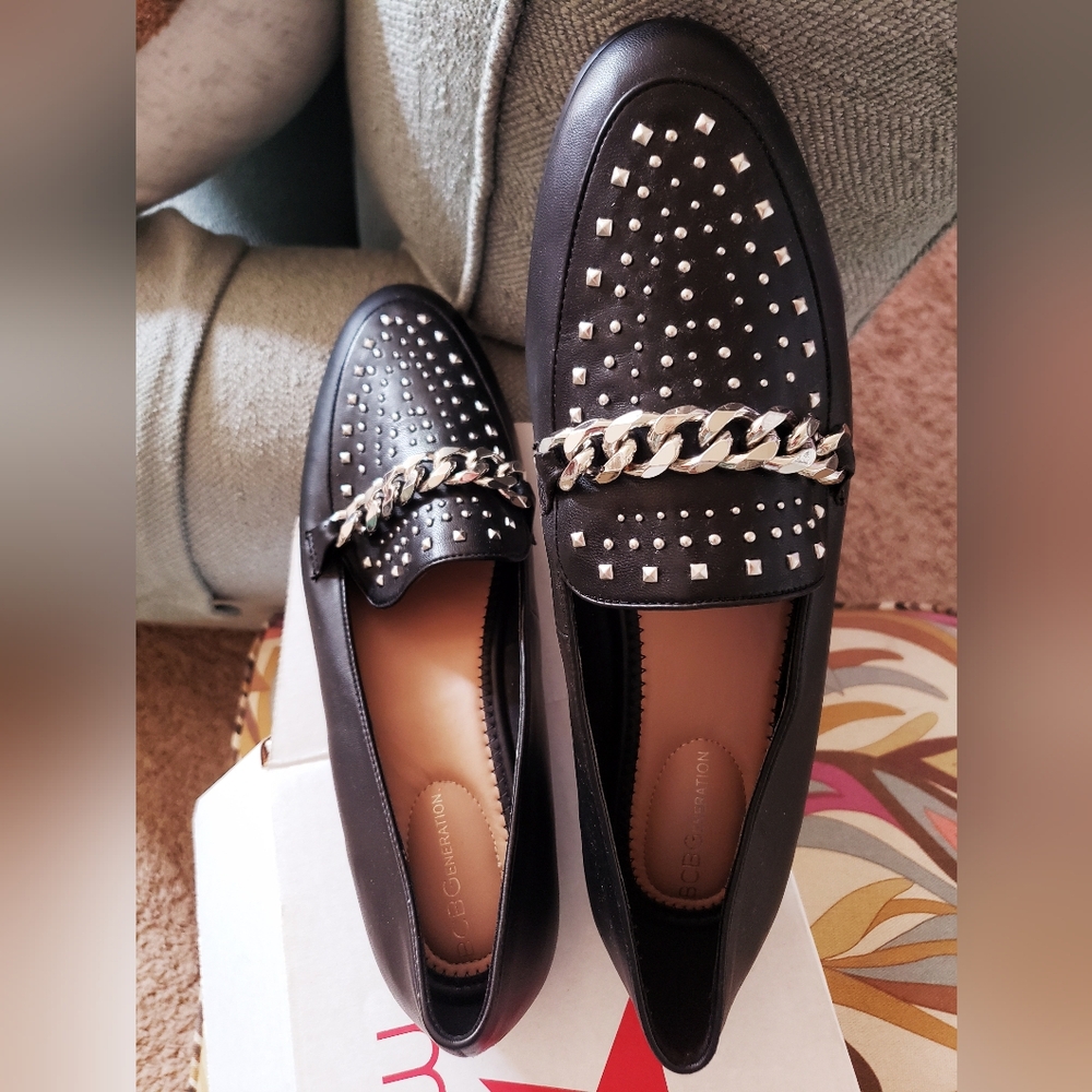 BCBGeneration leather black loafers women's size 11- silver details